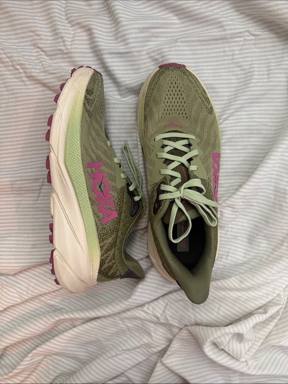 Hoka Olive Green Athletic Shoes with Pink Accents